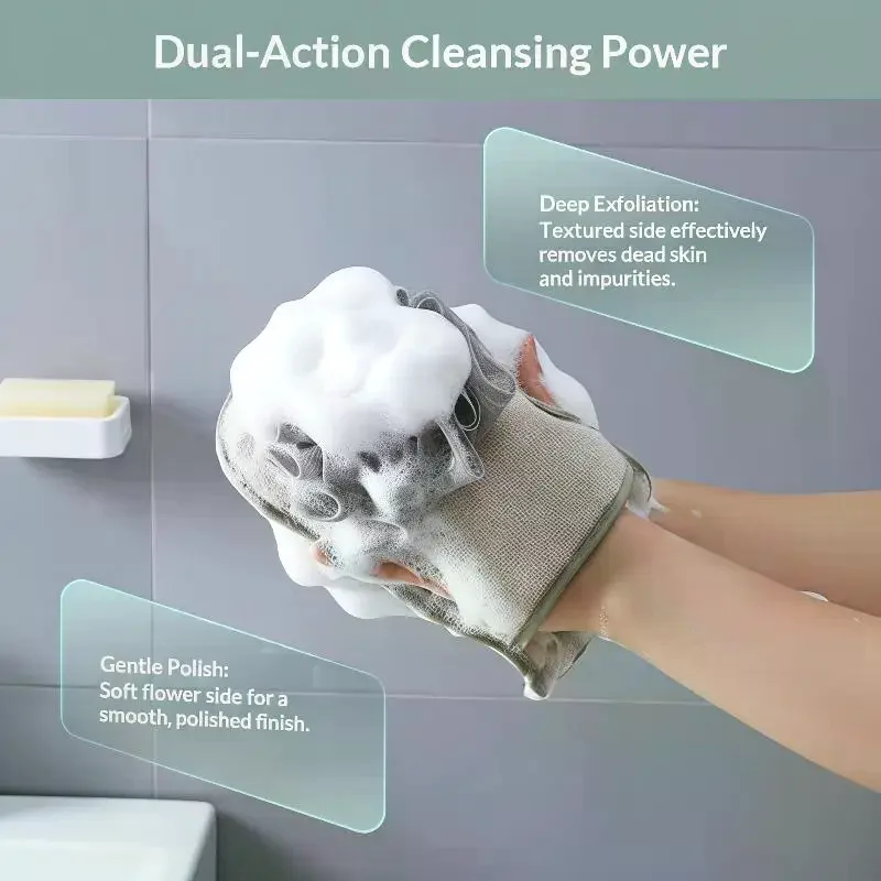 Double Sided Exfoliating Bath Glove With Built In Loofah Puff Deep Cleansing For Daily Shower Use