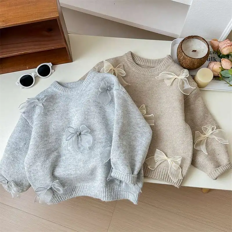 

Girls Korean Style Sweater Solid Color Cute Bow Children's Clothes Four Seasons Sweet Kid Princess Knitted Sweater 3-8 Years Old