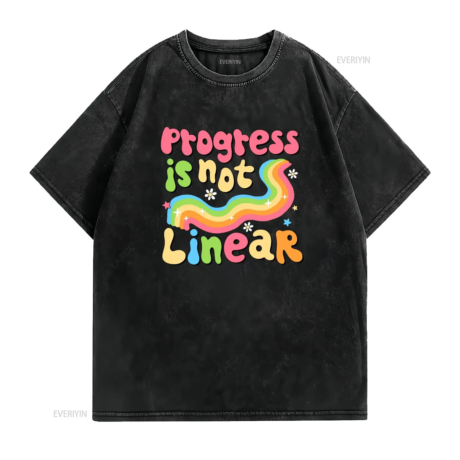 Retro Groovy Progress Is Not Linear Rainbow Daisy Inspirational Print Casual T Shirt vintage Washed designer clothes Unisex