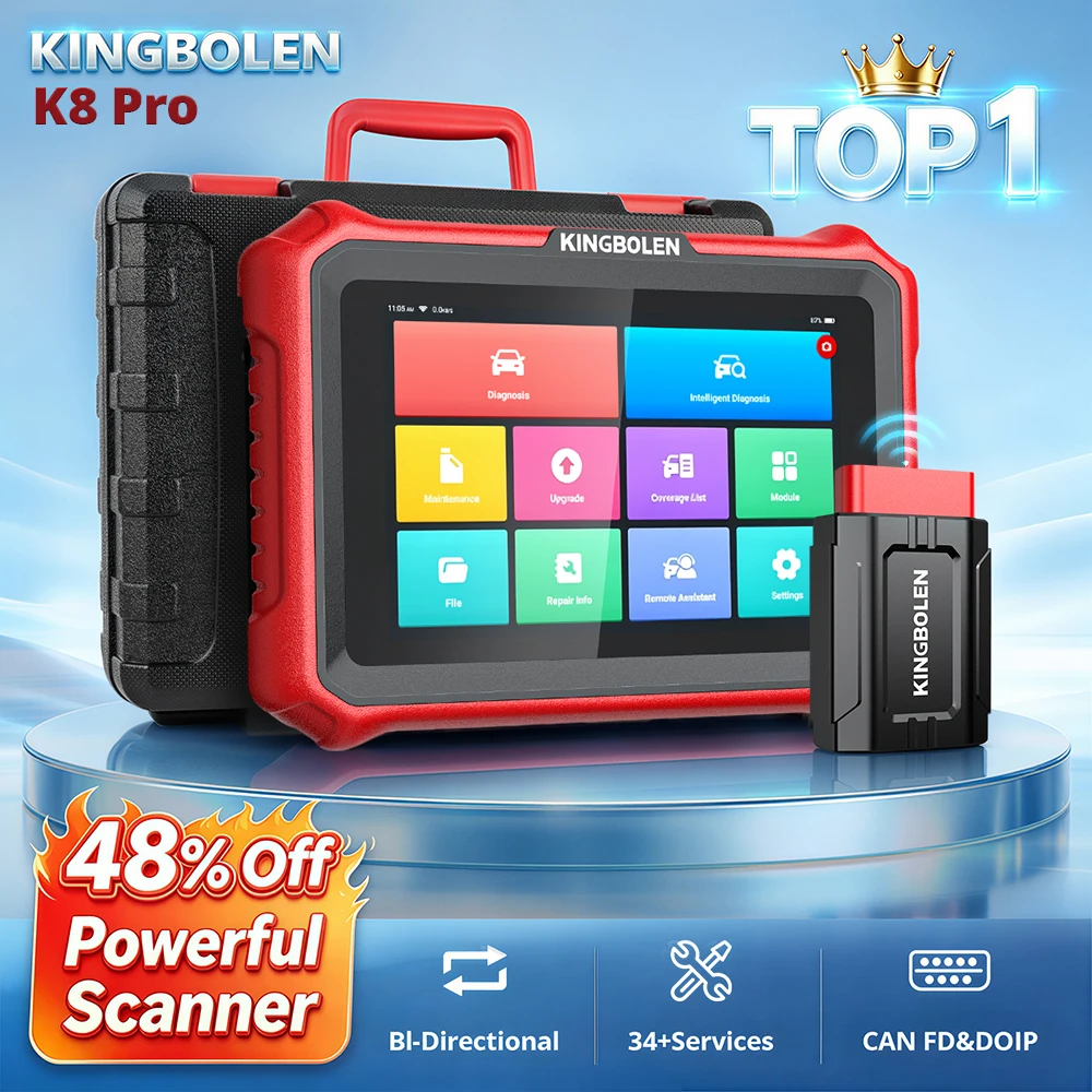 KINGBOLEN K8 Pro 8 Inch Car Diagnostic Tools 40+ Services CAN FD DOIP OBD2 Scanner 34+ Resets, ECU Code Car Scanner, CANFD/DOIP/FCA, V.A.G Guide, Bluetooth All-System Diagnostics, Lifetime Software Updates