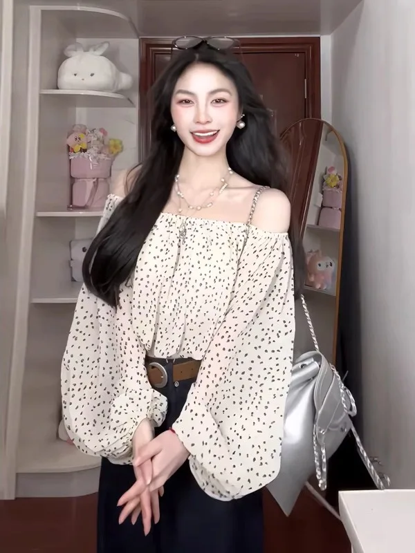 

Large Size Polka Dot Chiffon One oulder Women's irt Spring New Sle Sexy Aosphere Design Good Looking Top Korean Sle