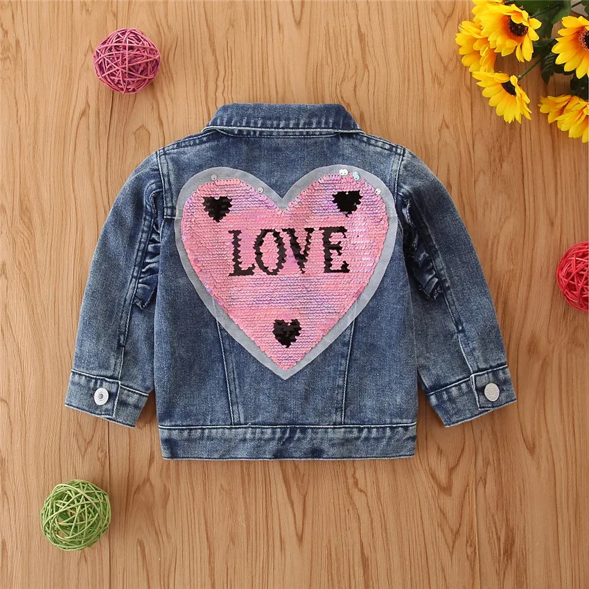 

Girls denim love jacket autumn style Korean style children's fashion versatile children's sequined heart letter jacket outerwear