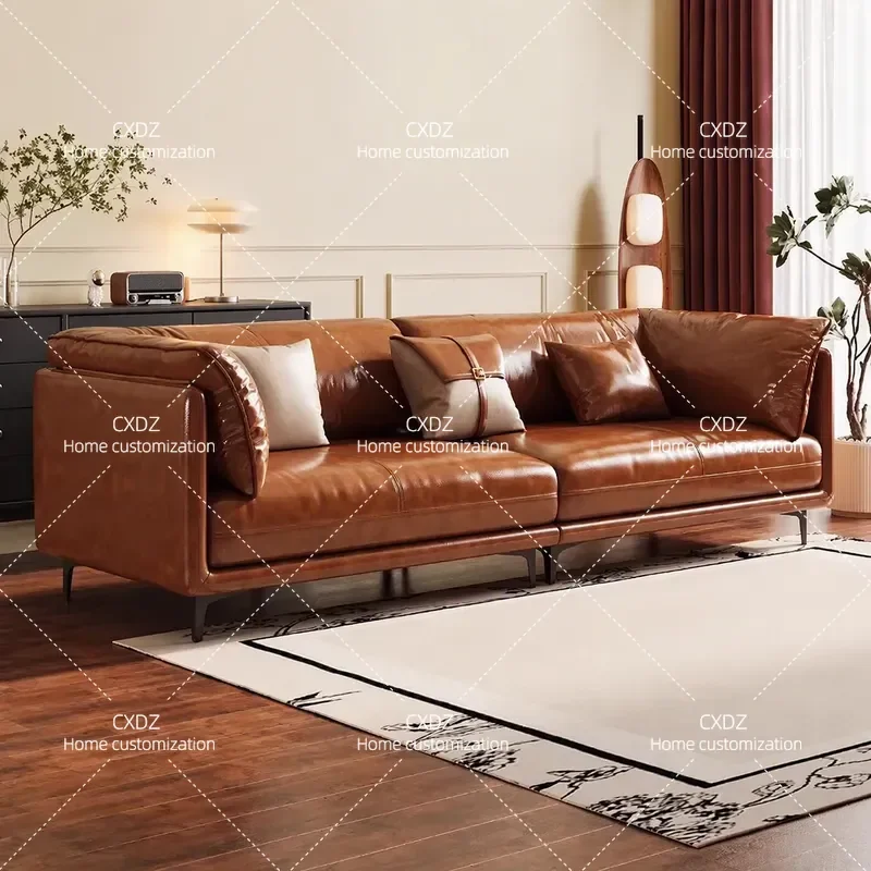French retro straight row ecological oil wax leather household living room small apartment Italian light luxury leather sofa