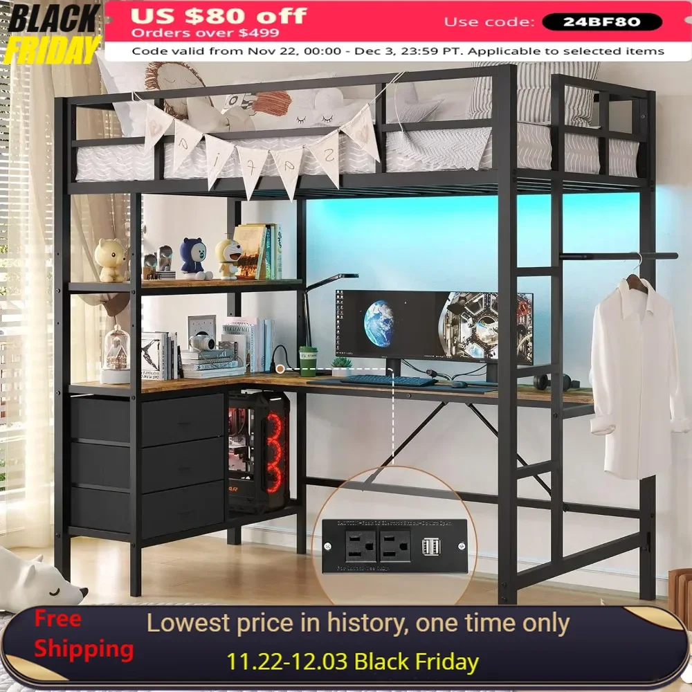 Twin Metal Loft Bed with L-shaped Desk, LED Lights,Charging Station LED Loft Bed Frame Twin Size with 3 Storage Shelves