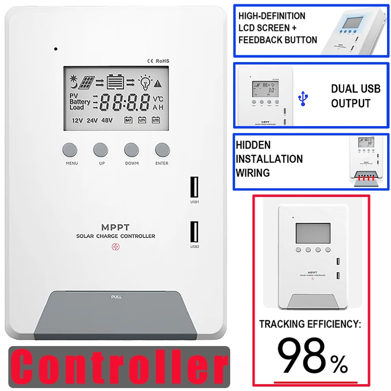 MPPT Solar Charge Controller 12V/24V/48V Automatic USB Home Smart Charger Power Generation 30A 40A 60A Solars Panel Regulator