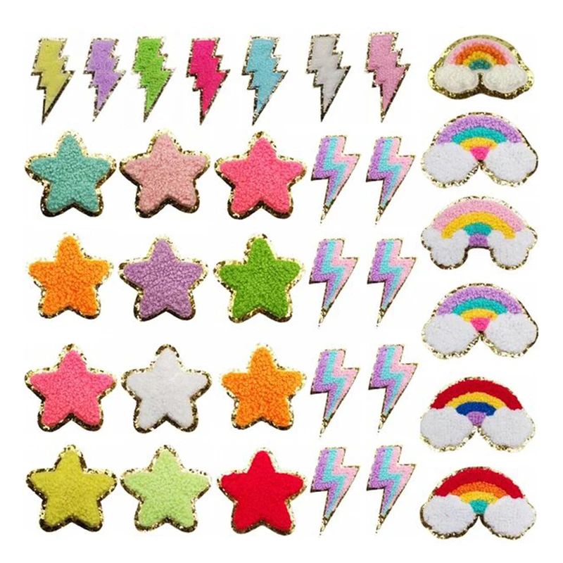 Colorful glitter gold rim Chenille Iron on Patches Embroidered patch star bowknot smilil sticker for school bag Applique