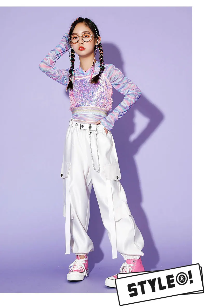 Mädchen Rosa Crop Top Pailletten Leibchen Hip Hop Sweatshirt Jogger Kleidung Sets Kinder Street Dance Hosen Tragen Kind Bühne Kostüme – Detail 5