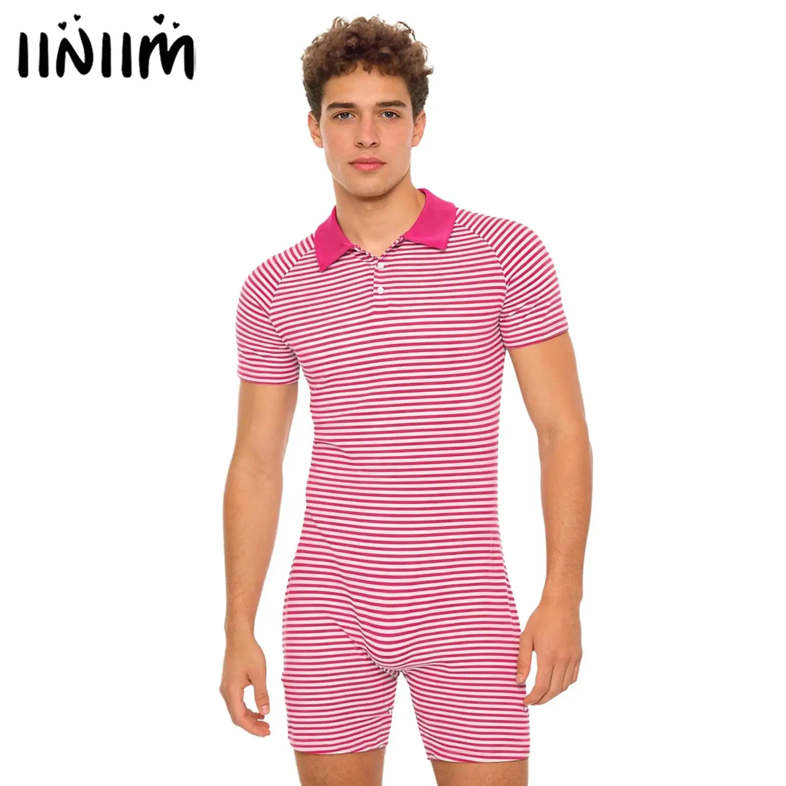 

Мужской полосатый комбинезон-пижама с отложным воротником, на пуговицах, с V-образным вырезом, коротким рукавом, на пуговицах в промежности, для дома и отдыха