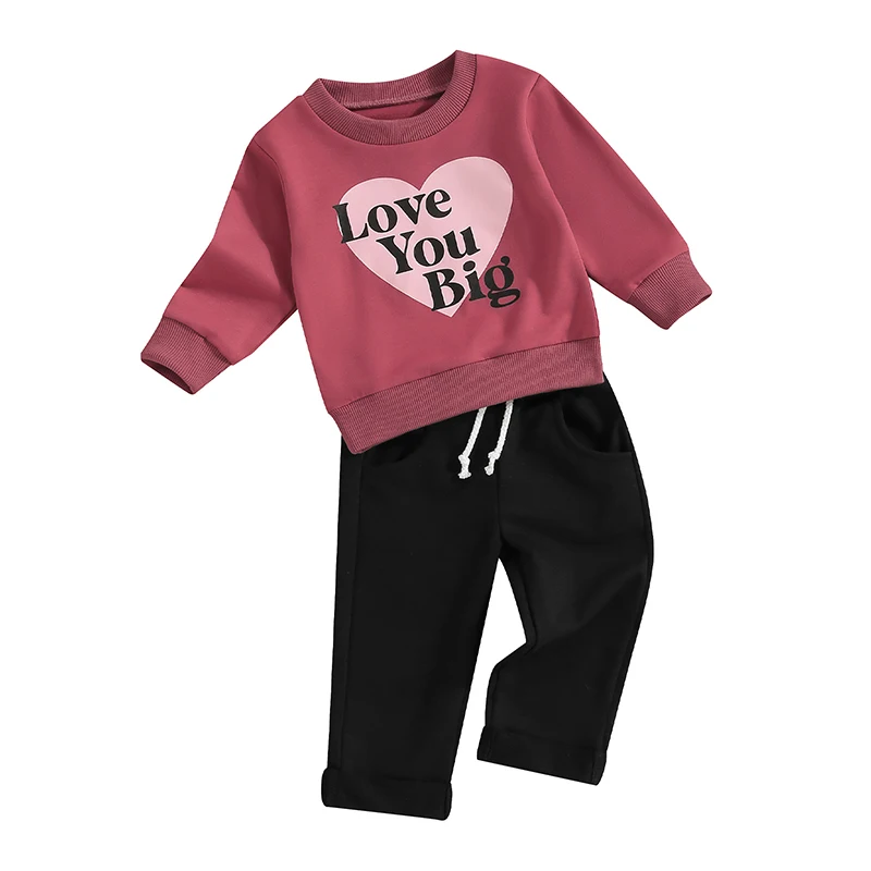 0-3Years Toddler Boys Fall Outfits Letter Heart Print Long Sleeve Sweatshirts and Solid Color Long Pants 2Pcs Clothes Set