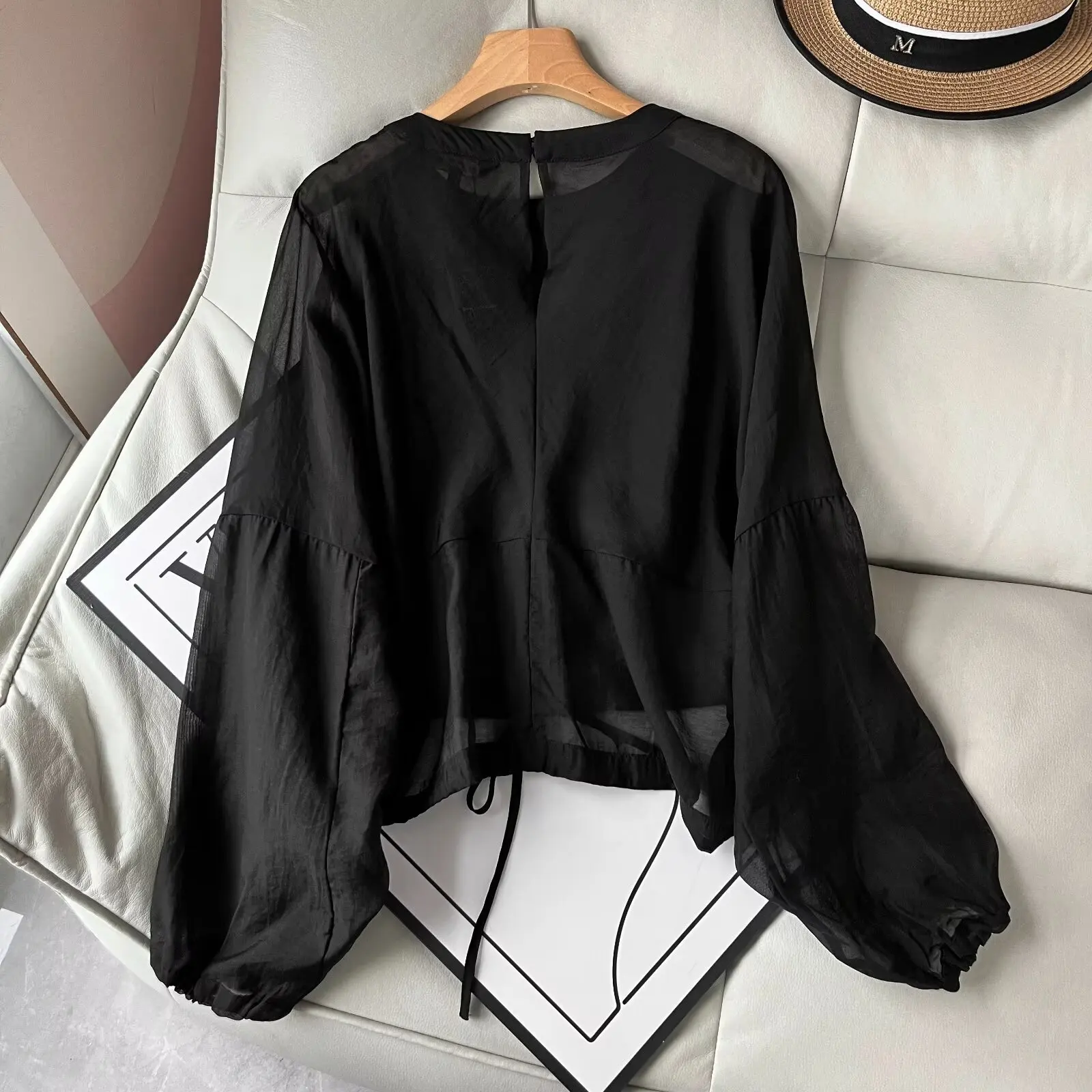 Tangada Women Black Mesh Blouse See Through Long Sleeve Chic Female Lady Loose Tops 6D053