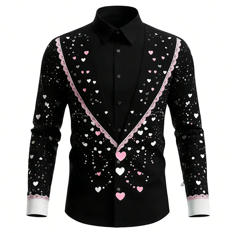 New men's long sleeved shirt with lipstick print pattern 3D printing design, men's lapel high-definition casual top