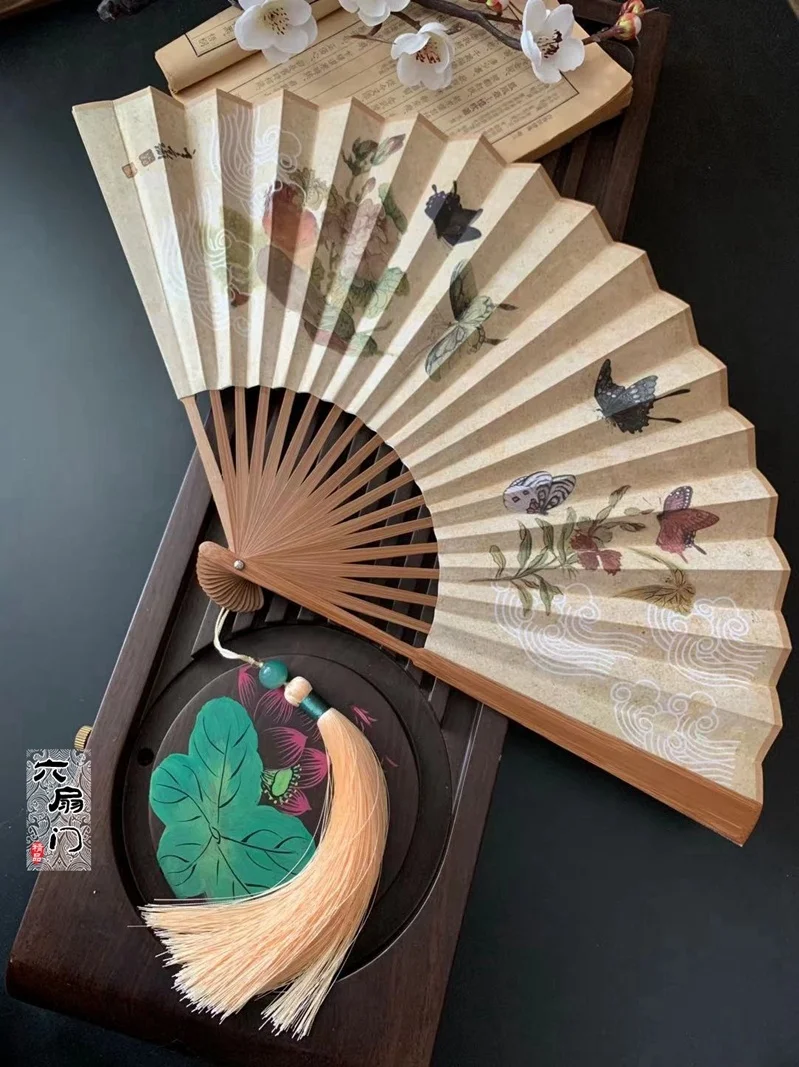 

Ретро-вентилятор из шелка с принтом, двусторонний, для повседневного использования, большой, в стиле Ханьфу, складной, бамбуковый, для летнего охлаждения