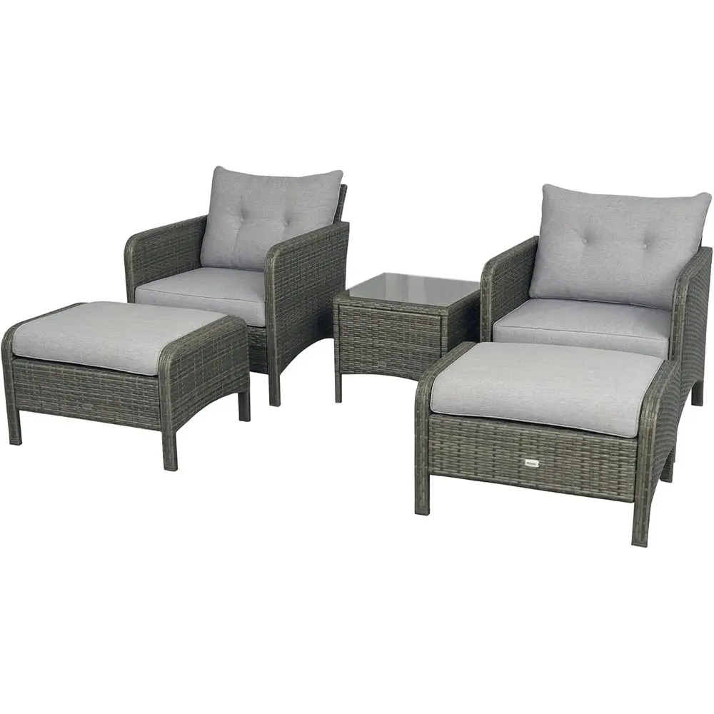 

Комплект для отдыха на открытом воздухе из ротанга: 2 кресла с мягкими подушками, 2 пуфа, кофейный столик со стеклянной столешницей - серый/светло-серый