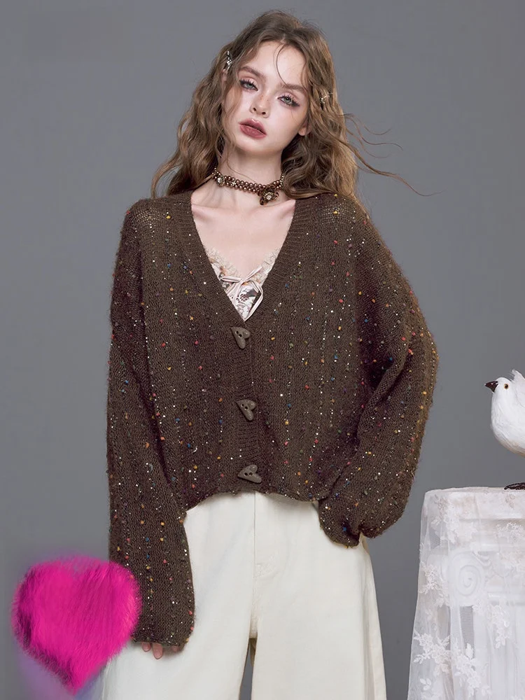 

Ele V-Ne Sweater Women's Fla iny Love Letter Fairy's ket Loose Fit Long Sve Cardigan Sle Autumn Outerwear