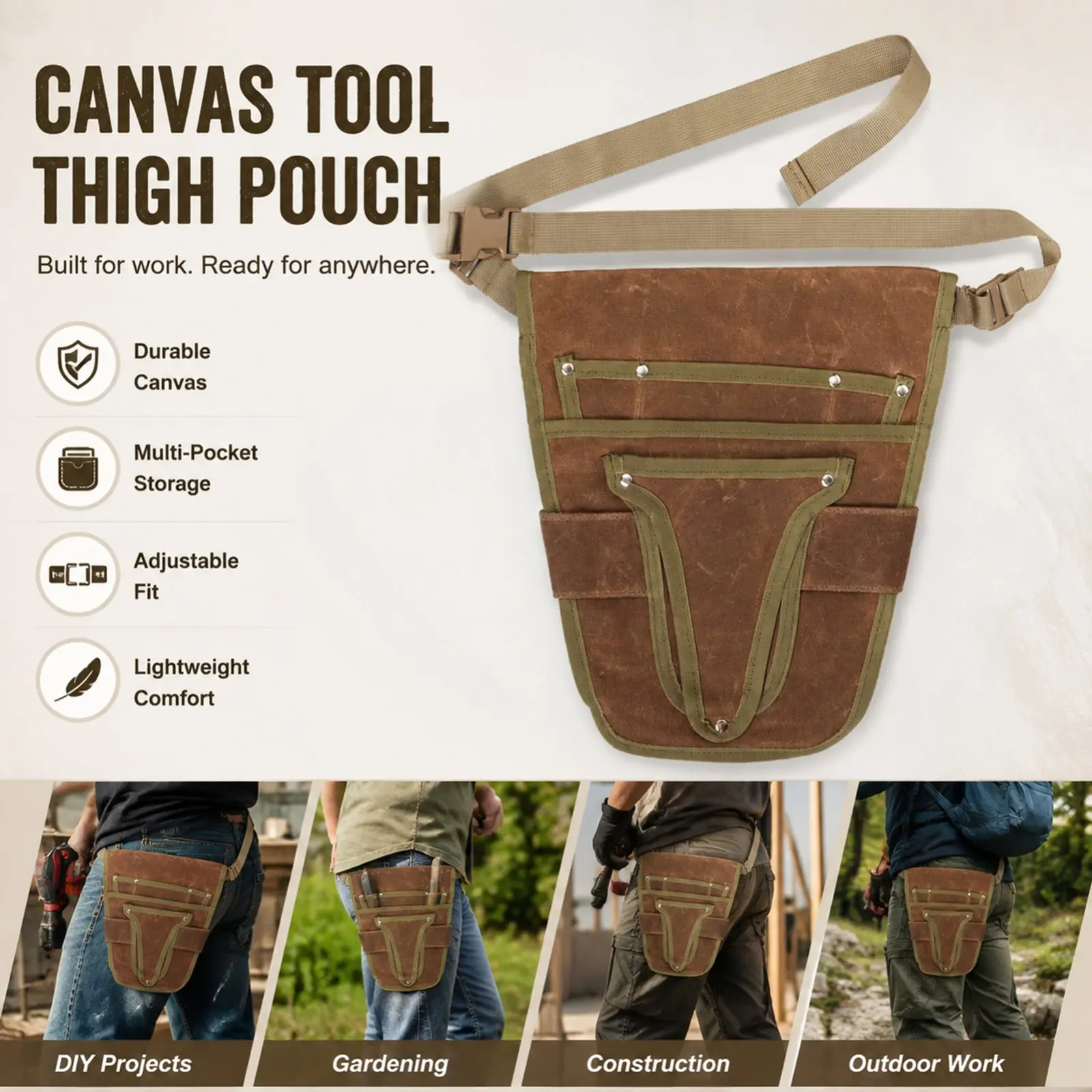 1pc Gardening Tool Pouch Heavy-Duty Waxed Canvas Waist Bag for Weeding Outdoor Yard Work Electrician Repair Tools Durable