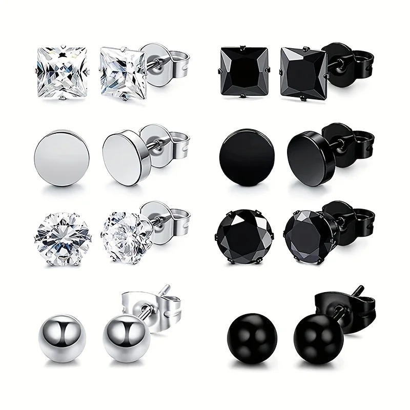 1 Pair 6mm Stainless Steel Classic Round Square Cubic Zirconia Ball Stud Earrings For Men Women Girls Black Silver Color