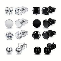 1 Pair 6mm Stainless Steel Classic Round Square Cubic Zirconia Ball Stud Earrings For Men Women Girls Black Silver Color