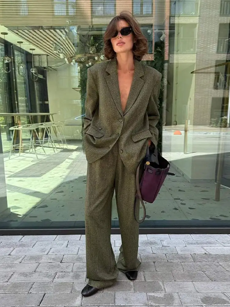 Elegant Lapel Long Sleeve Single Breasted Coat Pants Suit Fashion Solid Wide Leg Pant 2 Piece Set For Women Female Street Outfit