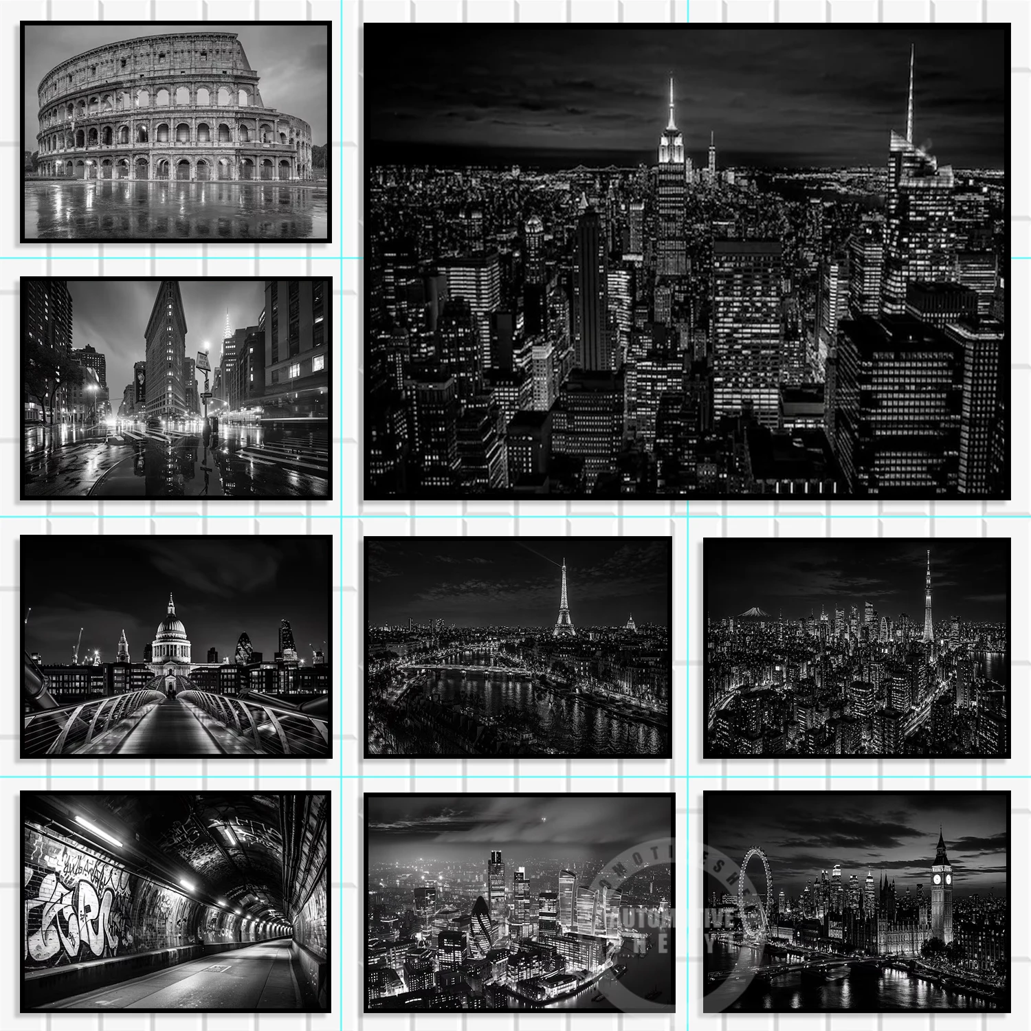 Monochrome Black White Global Night City Wall Print Bundle Modern Industrial Aesthetic Decor for Dorm Studio Housewarming Gift