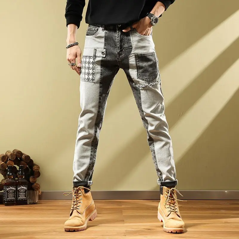 

Personalized handsome retro patchwork light color jeans men's motorcycle pants men clothing jeans jeans for men ripped jeans