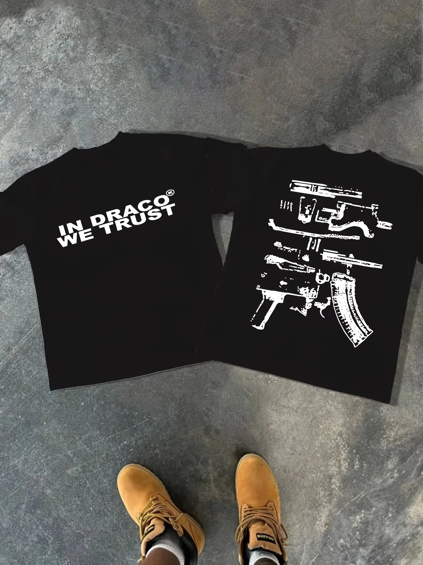 Summer New In Draco We Trust T-Shirt Men Women Short Sleeve Gun Printing Tees High Quality Brand T-Shirt Y2k Streetwear
