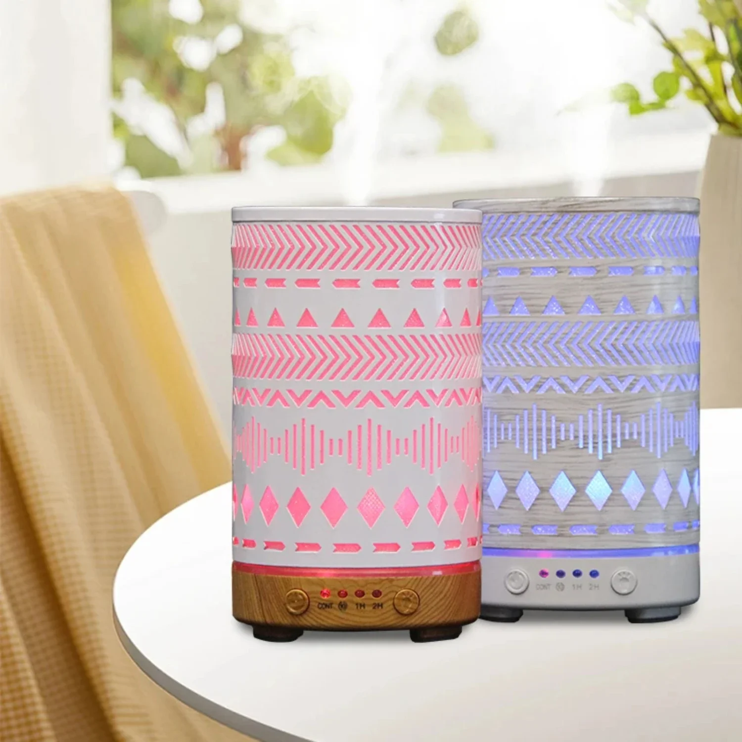 مرطب هواء أنيق لسطح المكتب بالموجات فوق الصوتية ، موزع للزيوت العطرية ، وظيفة التوقيت ، تصميم هندسي مجوف ومصاعد ليد ،