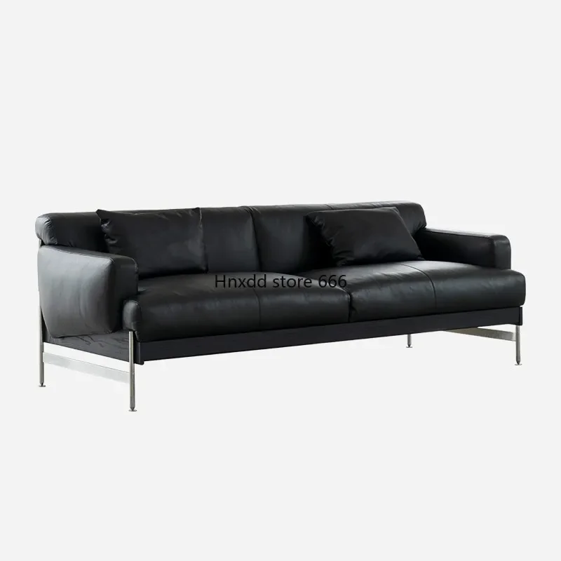 Nordic black straight row first layer cowhide sofa