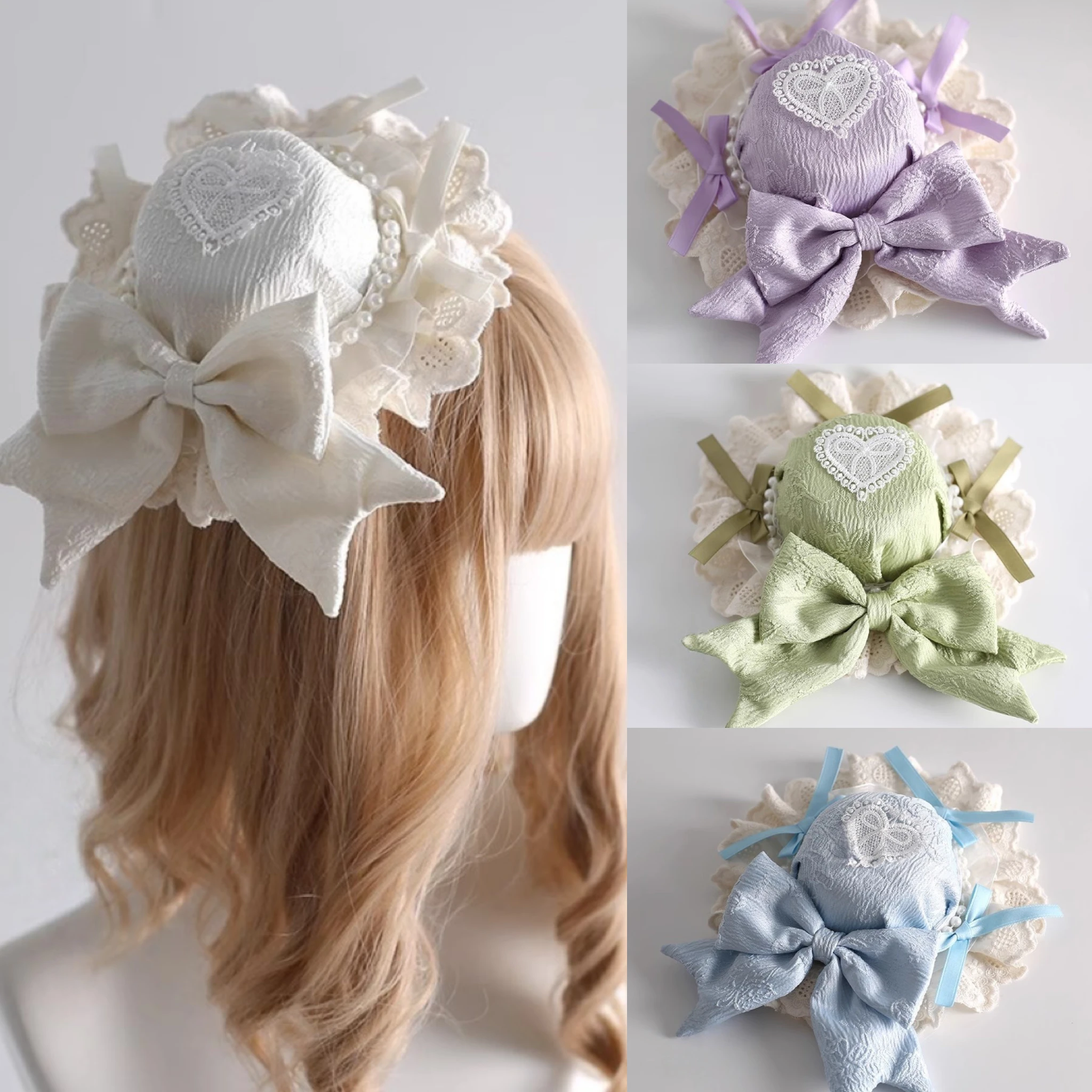 Multicolor Women Fishion Gothic Small Hat Lolita Sweet Lace Bow Flat Cap Blue Ballet Butterfly Heart KC Cosplay Hat