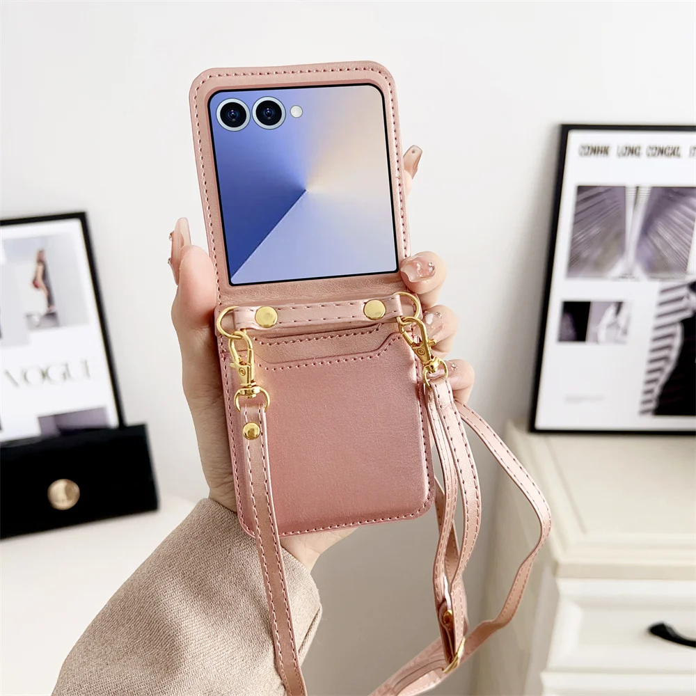Umhängekarten Solt Wallet Leder Handyhülle für Samsung Galaxy Z Flip 7 FE 6 5 4 Flip6 Flip7 Handschlaufe Lanyard Pocket Cover