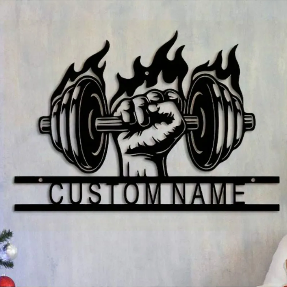 Uroczy 1 szt. Spersonalizowana metalowa grafika ścienna Boasting Konfigurowalny projekt płomienia hantli Idealny do ozdoby tematycznej siłowni