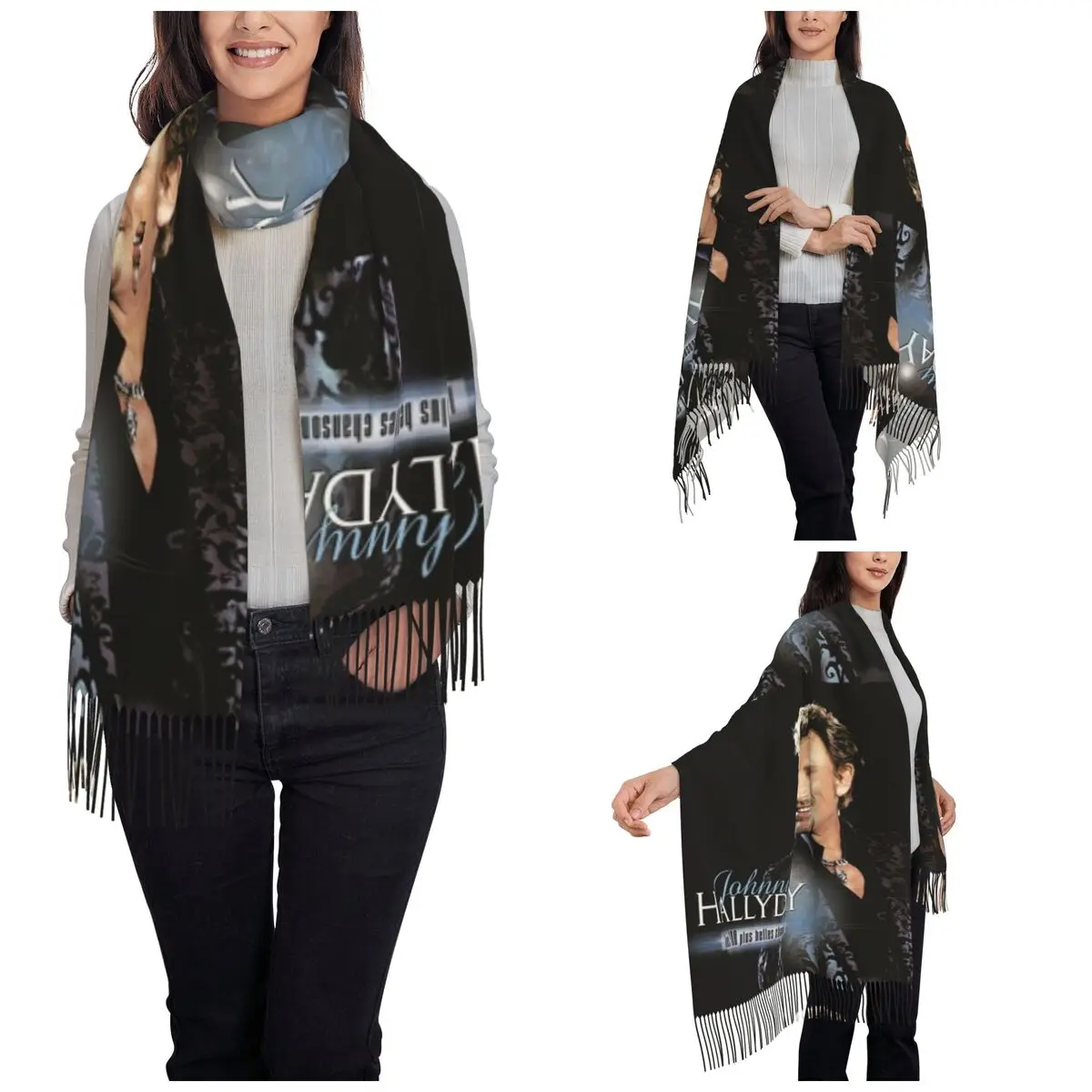 Women's Scarf with Tassel Fashionable Rock Star Johnny Hallyday Long Winter Fall Shawl Wrap Daily Wear Pashmina Scarves