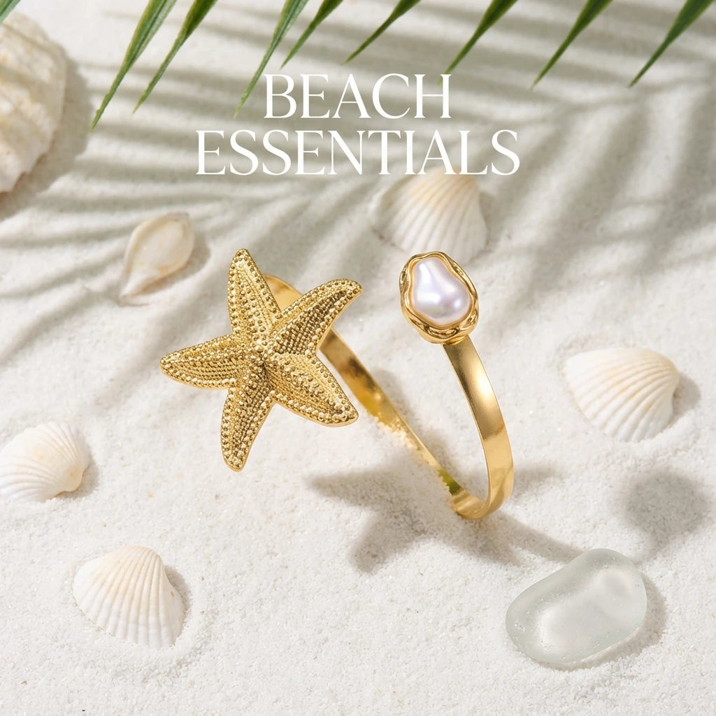 Mermaidcore Seestern Oberarm-Manschette Armband Goldfarben Perlen-Charm Armreif Sommer Ozean Strand Schmuck für Frauen – Detail 1