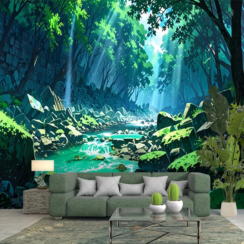 1PC Anime Forest Stream View Art Print Backdrop Banner, Bedroom Living Room Photo Background, Polyester, Home Decor, Wall Art