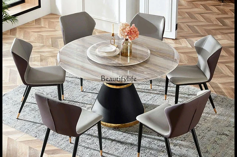 Light luxury high-end marble dining table household with rotating disc round table