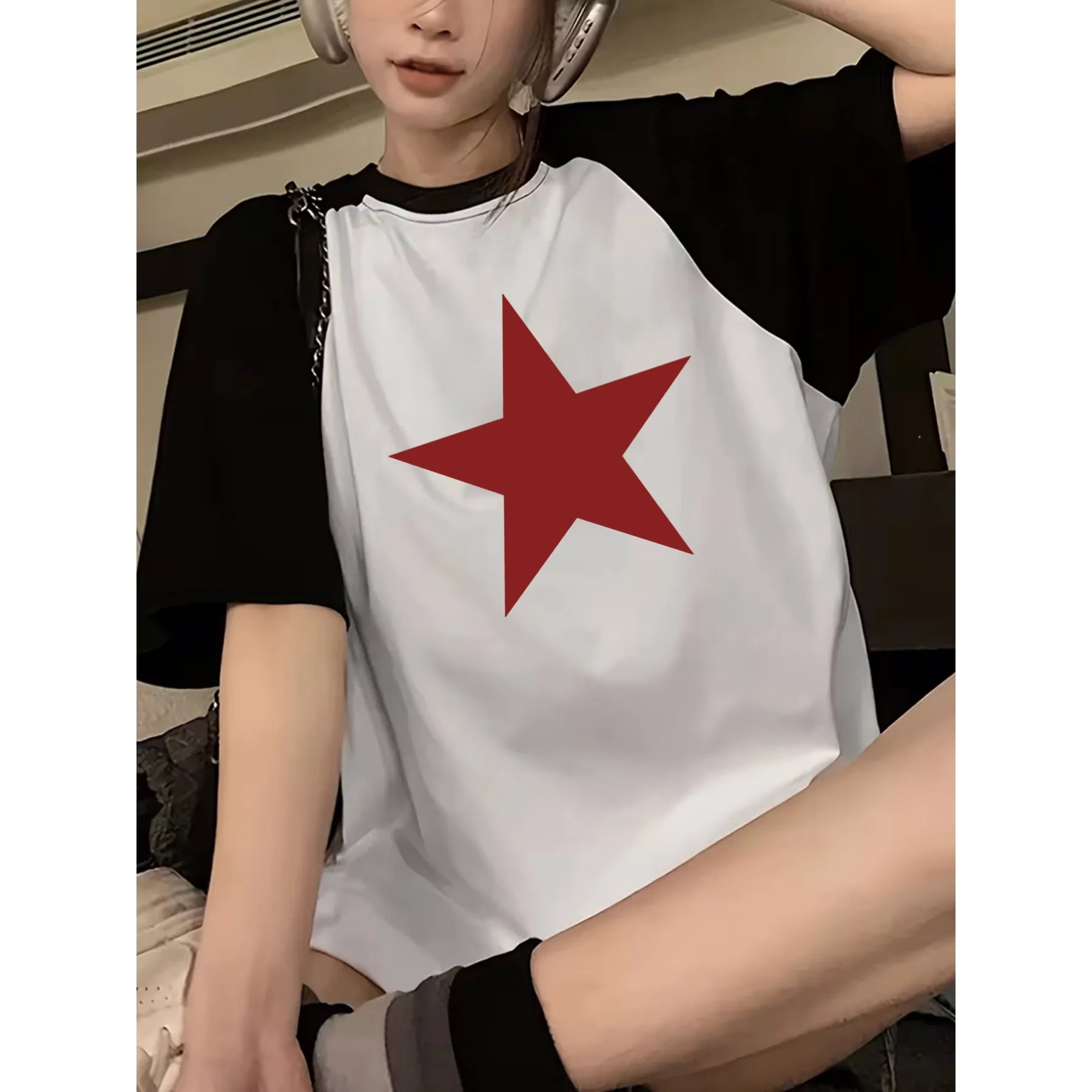 Women's Y2K Retro Raglan Sleeve T-Shirt A Classic Star Design Print T Shirt Casual Round Neck Short Sleeve Tops Clothes Female