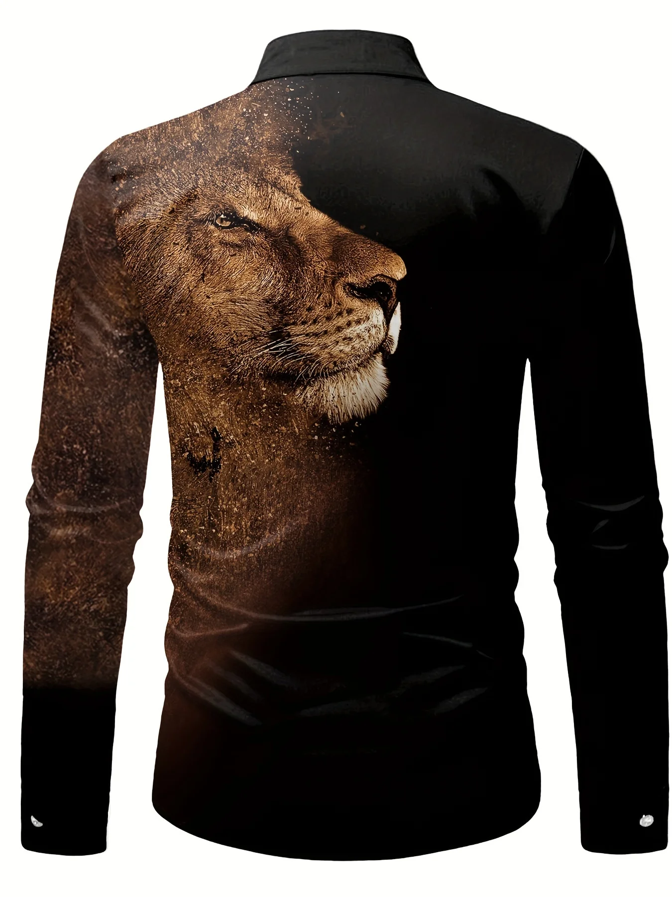 Men's Lion Starry Sky Long Sleeve Shirt, DJINGFC brand, casual style, polyester fabric, fitted cut, button collar, animal print