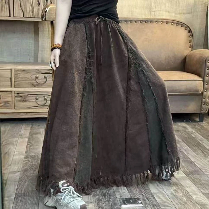 26 New Arrival Spring & Autumn Casual Loose Patchwork A-line Skirt Tassel Design Cotton Ankle-length Long Skirts For Women L163