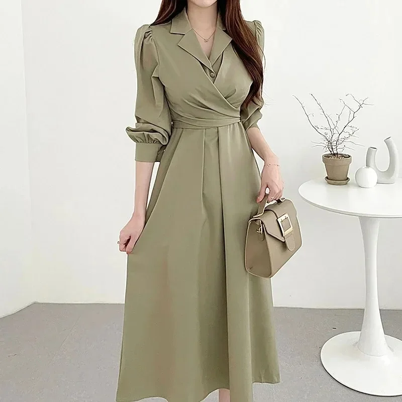 2024 NEW Women's Dress Korean Chic Elegant Flip Collar Cross Up Lace Puff Sleeve Shirt Dress Slim Mid Length Dresses Ladies