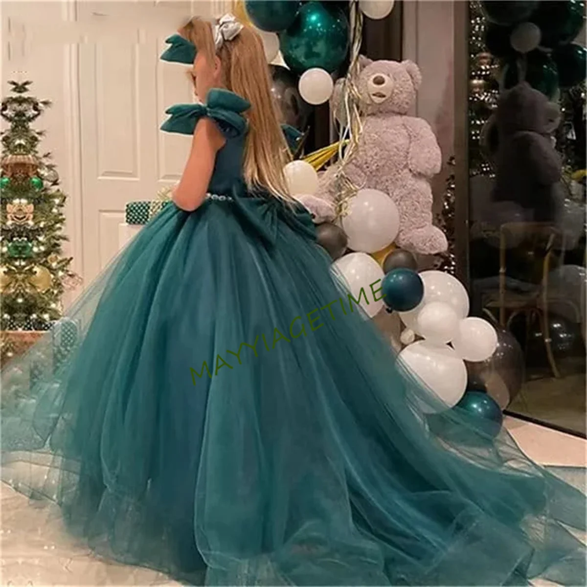 Green Fluffy Bow Flower Girl Dress Kids Princess Lace Backless Floor Length Wedding Fold Ruffles Tulle Ball Gown Prom Dresses