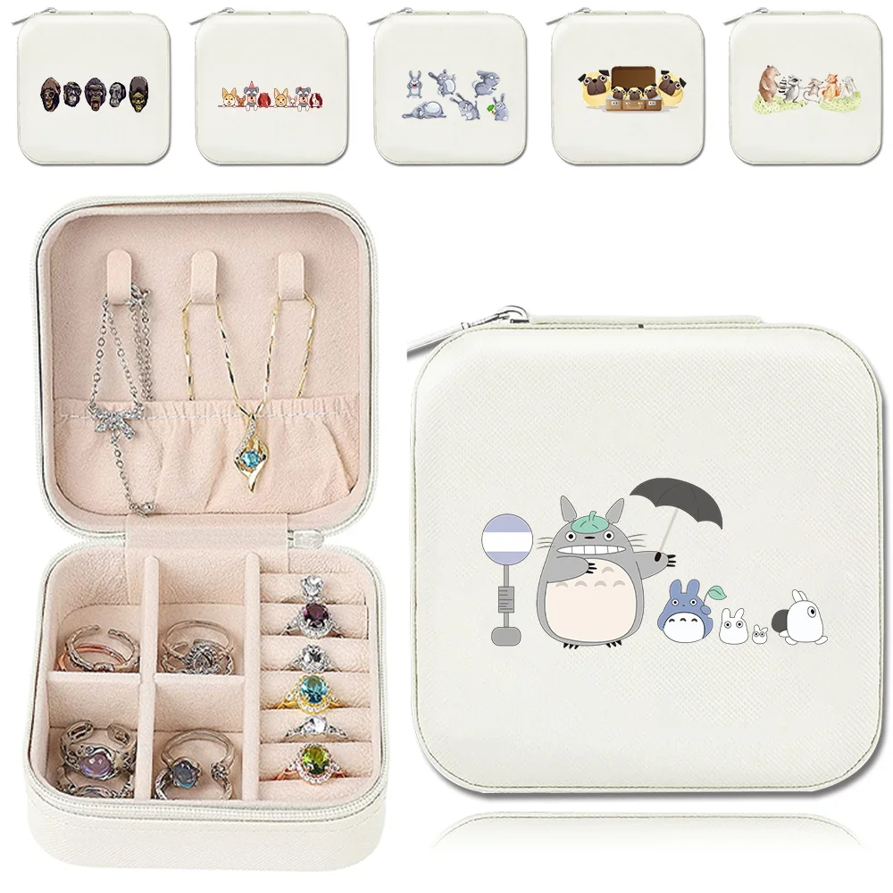 

Portable Jewelry Storage Box Travel Storage Organizer Boxes Earring Necklace Display Cartoon Print Ring Jewelry Organizer Bags