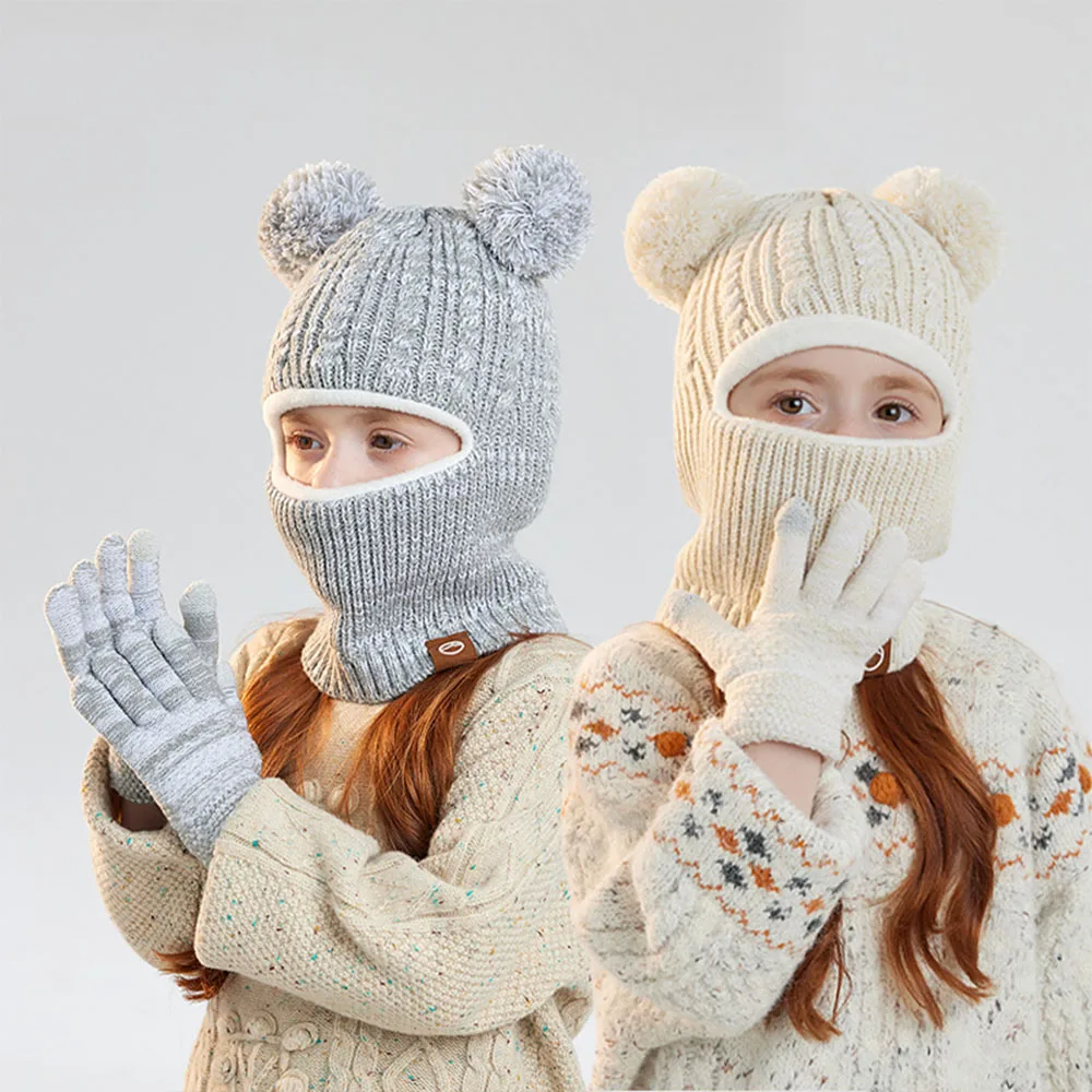 Winter Warm 2pcs Set: 4-10Y Boys and Girls One-Piece Hat, Mask & Scarf with Thick Fleece Knit Cap and a Pair of Gloves
