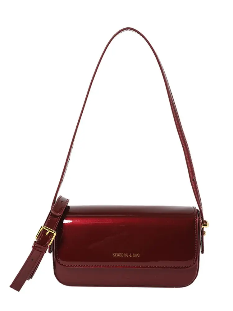 Burgundy PU Crossbody Bag Luxury Ladies Lacquer Leather Shining Fashion Letter Underarm Bags Elegant Classics Commuting Handbag