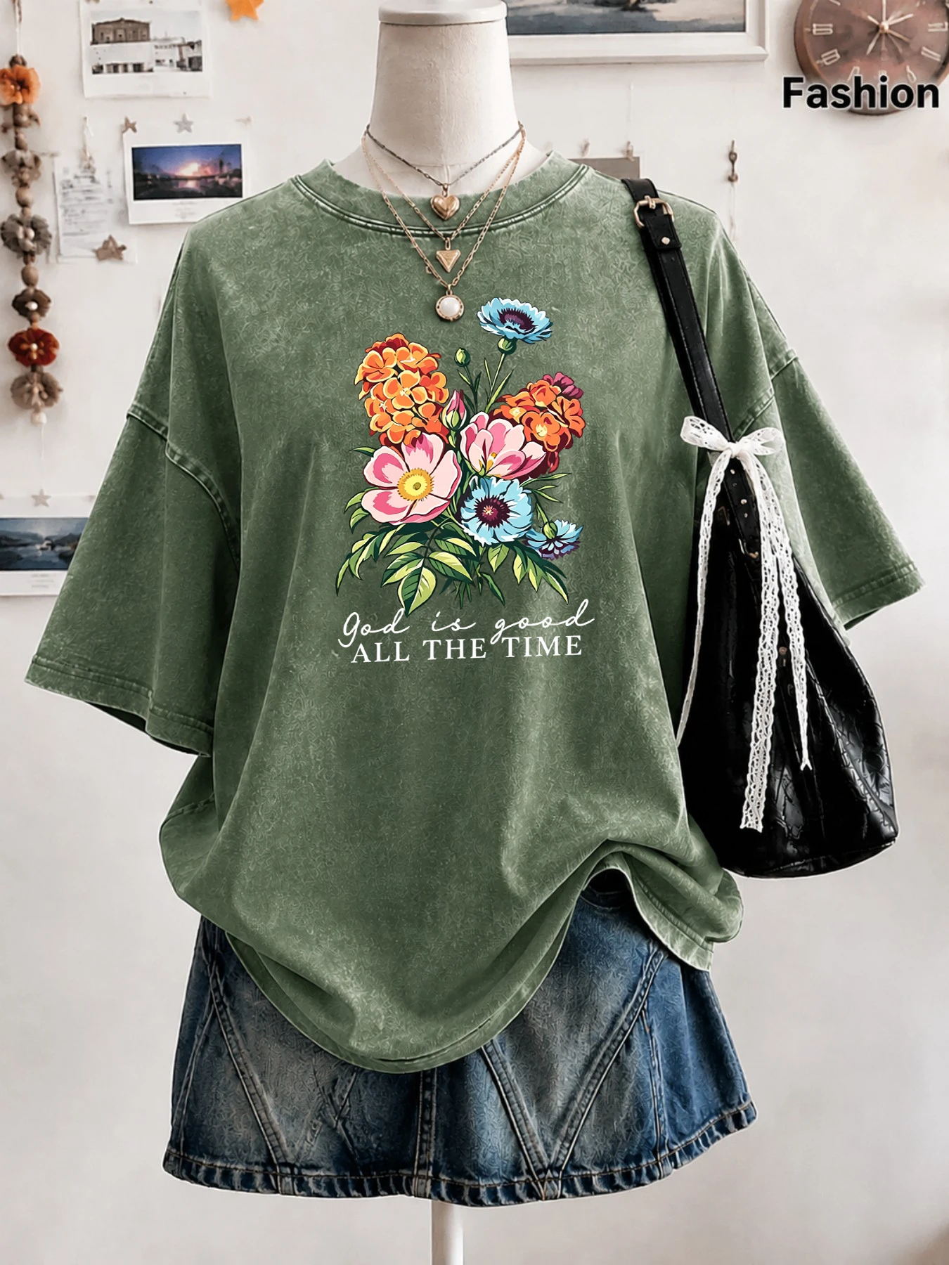God Is Good All The Time Wildflower Bouquet Print Women'S Washed T-Shirt Loose O-Neck T Shirts Cotton Y2K Top Summer Streetwear
