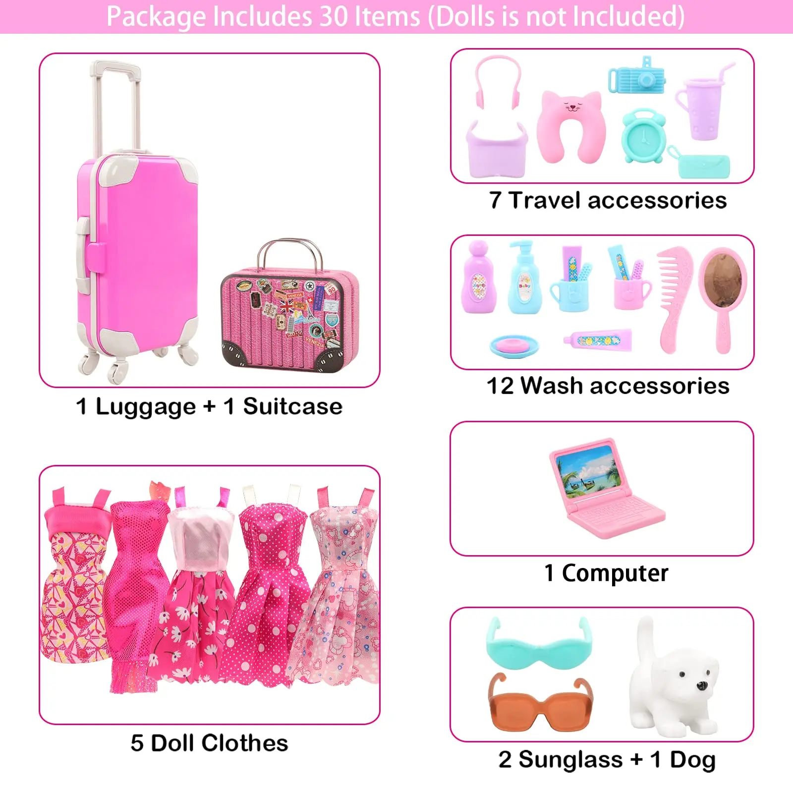 BARWA 32 Món Du Lịch Đồ Phụ Kiện Đầm Vali Chó Kính Mát Máy Tính Cho Búp Bê Barbie Accesorios Đồ Chơi Trẻ Em Cho Bé Gái