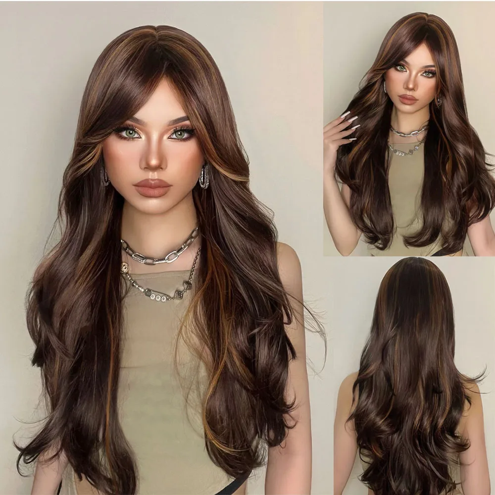 Long Wavy Orange Brown Synthetic Wig with Bangs, Cosplay