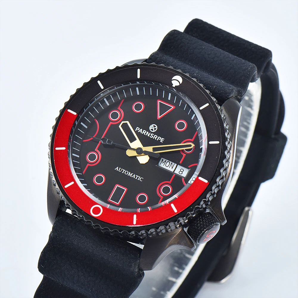 Parnsrpe - Casual fashion 42mm men\'s watch NH36A caliber red and black scale waterproof screw crown sapphire crystal