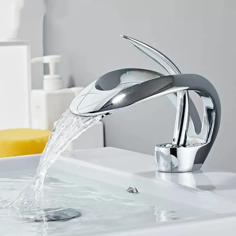 Waterfall Bathroom Basin Faucet Unique Design Brass Sink Mixer Tap Single Lever Hot Cold Wash Basin