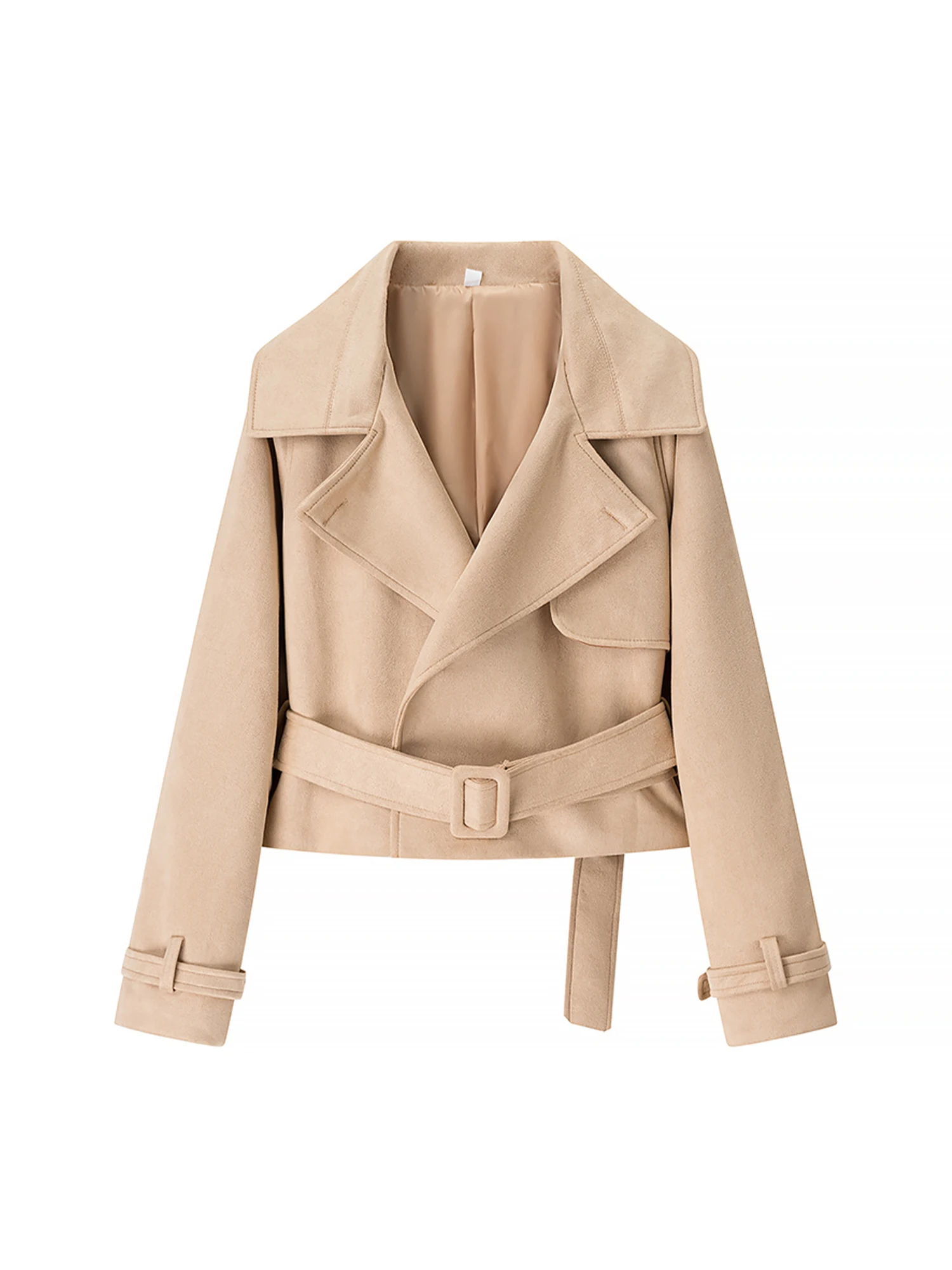 

Women's Khaki Autumn Suede Jacket Coat with Belt Vintage Korean Fashion Long Sleeve Cropped Jacket Outerwear 2000s Clothes 2025