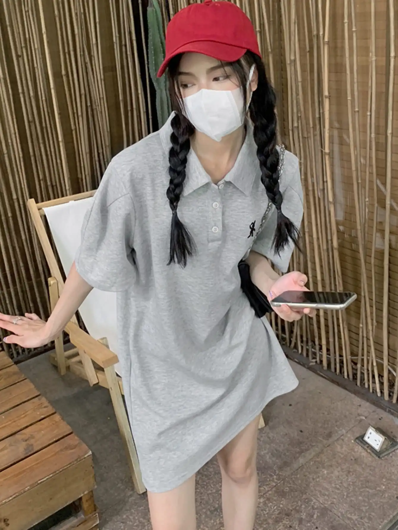 Coreano chique urso polo vestido feminino verão casual saia cintura emagrecimento olhar meados de comprimento de manga curta vestido camiseta