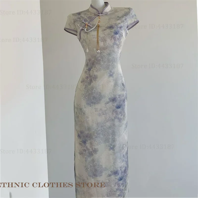 

New Chinese Style Women's Dress Long Cheongsam Spring Summer New Elegant Traditional Mandarin Collar Qipao Sexy Slim Vestidos